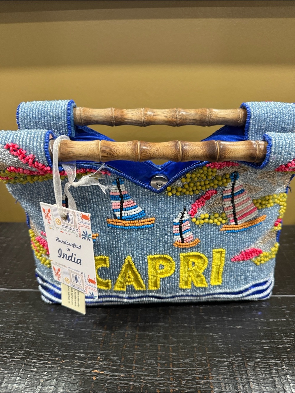Capri Beaded Tote with Bamboo Handles - Blue - Picture 6 of 8